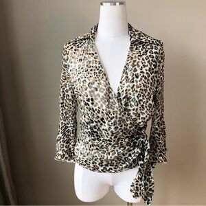 Vintage Silk Rayon Leopard Print Wrap Ruffle Blouse S
